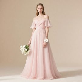 Elegant Pink Off - Shoulder Tulle Bridesmaid Dress With Flutter Sleeves Long Formal Gown