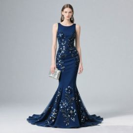 Navy Blue Mermaid Evening Gown: Sleeveless Sequined Floral Embellished Formal Dress