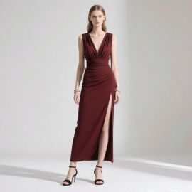 Burgundy V-Neck Waist-Cinching Slit Evening Gown - Elegant Formal Dress