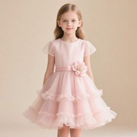 Pink Girls Dress: Tulle Skirt, Flower Accent - Elegant Party & Event Wear