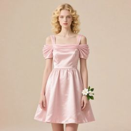 Chic Pink Off - Shoulder Satin Short Dress | Elegant for Weddings & Parties