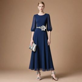 Elegant Navy Blue Long Dress with Puff Sleeves & Floral Belt - Perfect for Weddings & Formal Events