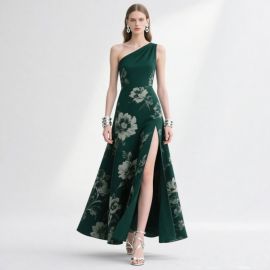 Elegant One - Shoulder Floral Print High Slit Maxi Evening Dress