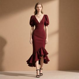 Burgundy V-Neck Puff Sleeve Asymmetrical Ruffle Hem Midi Dress