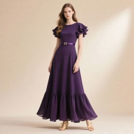 Elegant Purple Ruffled Sleeve Maxi Dress with Belted Waist