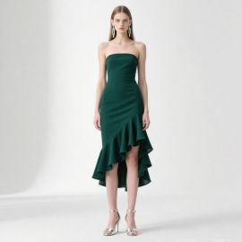Elegant Green Strapless Asymmetric Ruffle Hem Midi Dress