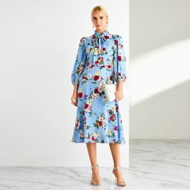 Light Blue Floral Midi Dress with Bow Neck & Long Sleeves