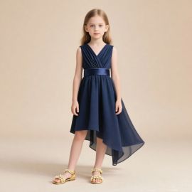 Navy Blue Asymmetric Hem Flower Girl Dress for Kids - V-Neck Sleeveless Chiffon Gown