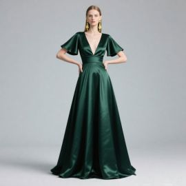 Emerald Green Satin Gown: Deep V-Neck, Flutter Sleeves & Waist-Cinching Design