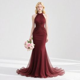 Burgundy Halter Neck Mermaid Evening Dress - Elegant Long Formal Gown