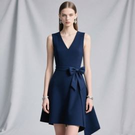 Navy Blue Sleeveless V-Neck Dress with Bow Tie & High-Low Hem - Elegant Women's Fashion