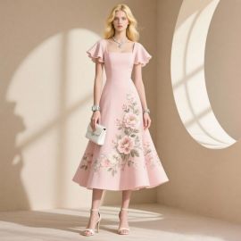 Elegant Pink Midi Dress with Floral Embroidery - Square Neck & Flutter Sleeves