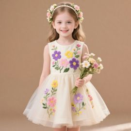Cute Kids Flower Embroidered Sleeveless Dress with Tulle Skirt - Perfect for Parties & Daily Wear