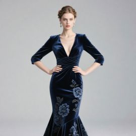 Navy Velvet Mermaid Gown: Deep V-Neck, Floral Embroidery, Elegant Evening Dress