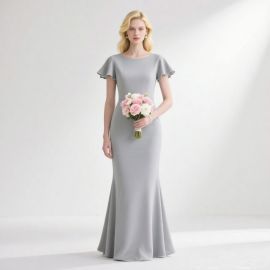 Elegant Gray Mermaid Gown with Flutter Sleeves - Timeless Bridesmaid Dress