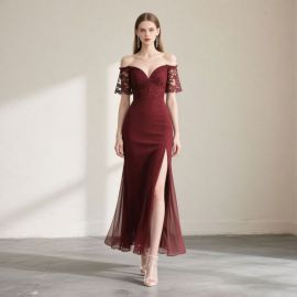 Elegant Burgundy Off - Shoulder Lace Mermaid Gown with High Slit for Evening Events