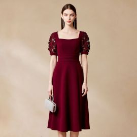 Elegant Burgundy Midi Dress with Lace Sleeves & Waist-Cinching Design