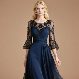 Elegant Navy Blue Lace Dress with Bell Sleeves & Cinched Waist