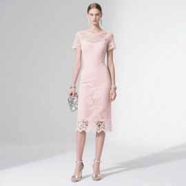 Chic Pink Lace Midi Dress: Elegant Short-Sleeve Formal Gown for Women