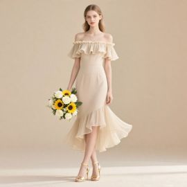 Elegant Off - Shoulder Ruffled Asymmetrical Hem Chiffon Midi Dress for Bridesmaids & Parties