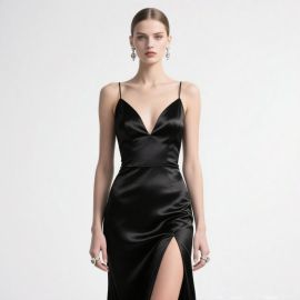 Black Satin Spaghetti Strap Evening Dress with High Slit - Elegant Party Gown