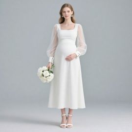 Elegant White Maternity Dress: Square Neck, Sheer Long Sleeves, Chic Midi Length