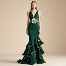 Emerald Green Mermaid Evening Gown: V-Neck, Flower Belt & Beaded Ruffled Hem