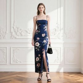 Elegant Navy Blue Floral Print Spaghetti Strap Maxi Dress with High Slit