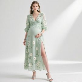 Elegant Maternity Maxi Dress: Floral Embroidery & High Slit in Mint Green