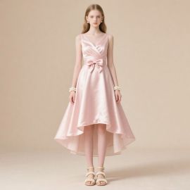 Pink Satin Asymmetric Hem Dress with Bow - Elegant Party & Formal Wear