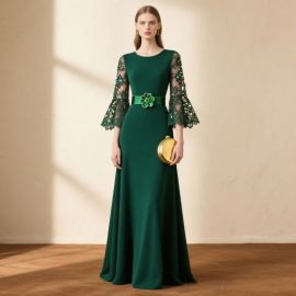 Emerald Green Lace Bell-Sleeve Evening Gown with Floral Waistband - Elegant Formal Dress for Women