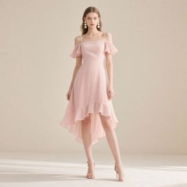 Pink Off - Shoulder Asymmetric Hem Flowy Chiffon Dress