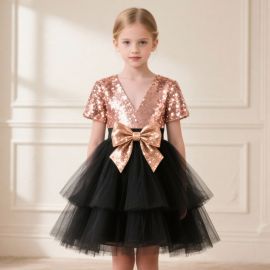 Girls' Sequin V-Neck Dress with Big Bow & Tulle Skirt for Party/Wedding