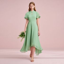 Elegant Green Midi Dress with Stand Collar & Asymmetric Hem - Vintage-Inspired Women's Fashion