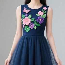 Navy Blue Sleeveless Dress with Floral & Butterfly Embroidery Tulle Skirt