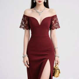 Burgundy Off - Shoulder Lace Sleeve Evening Gown with High Slit