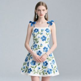 Elegant White Dress with Blue Floral Embroidery & Bow Straps - Summer Chic Style