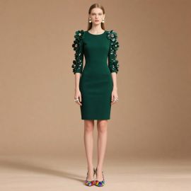 Elegant Emerald Green Bodycon Dress with Floral & Sequined Sleeves