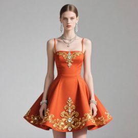 Orange Spaghetti Strap Dress with Gold Embroidery - Elegant Party & Evening Wear