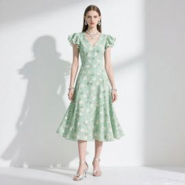 Elegant Light Green Floral V - Neck Midi Dress with Ruffled Cap Sleeves