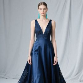 Navy Blue Satin Evening Gown with Lace Detailing - Elegant V-Neck Formal Dress