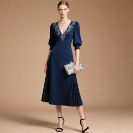 Navy Blue V-Neck Beaded Midi Dress with Pleated Skirt - Elegant Evening Wear
