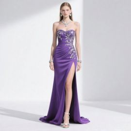Elegant Purple Strapless Beaded Evening Gown with High Slit - Formal Party Dress
