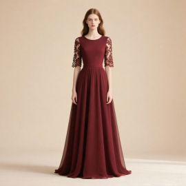Elegant Burgundy Chiffon Gown with Lace Sleeves - Formal Evening Dress