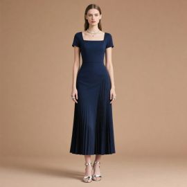 Elegant Navy Blue Square Neck Short Sleeve Pleated Midi Dress