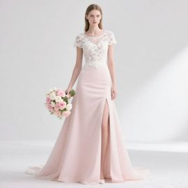 Blush Pink Wedding Dress: Lace Short Sleeves & High Slit Bridal Gown