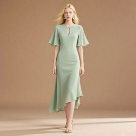 Elegant Mint Green Asymmetric Midi Dress: Flared Sleeves & Keyhole Neckline