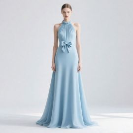 Elegant Light Blue Halter Neck Gown with Bow Detail - Chic Evening Dress