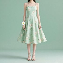 Pastel Green Floral Spaghetti Strap Midi Dress - Summer Boho Style