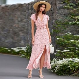 Pink Floral Print Maxi Dress: V-Neck Short Sleeve, Ruffle Waist Wrap & Side Slit Boho Summer Dress